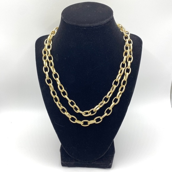 Gold Tone Double Strand Texture Link Necklace - Picture 2 of 8